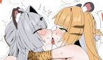  2girls animal_ear_fluff animal_ears animal_print arms_around_neck bare_shoulders blonde_hair blunt_bangs blush clip_studio_paint_(medium) colored_inner_hair commentary cropped elbow_gloves english_commentary face-to-face fake_animal_ears female_orgasm french_kiss from_side gloves green_eyes grey_hair hair_ornament half-closed_eyes half_updo hug implied_sex ju_fufu kiss long_hair looking_at_another multicolored_hair multiple_girls nose_blush open_mouth orgasm paid_reward_available print_gloves profile raised_inner_eyebrows rolling_eyes saliva sidelocks simple_background single_hair_intake striped_hair sweat tea220622 tiger_ears tiger_girl tiger_print tiger_stripes tongue tongue_out twitching white_background yellow_eyes yellow_gloves yixuan_(zenless_zone_zero) yuri zenless_zone_zero 