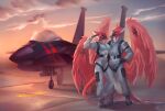  2021 aircraft airplane allatir anthro avian beak breasts clothed clothing day detailed_background digital_media_(artwork) duo feathered_wings feathers female gryphon hi_res male mythological_avian mythology outside red_body red_feathers sky smile wings 