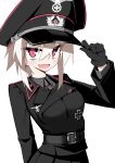  1girl absurdres adjusting_clothes adjusting_headwear belt belt_buckle black_gloves black_shirt blazer blonde_hair breasts brown_necktie buckle commentary_request cross epaulettes fang gloves hat highres iron_cross jacket jiseki_rena looking_at_viewer medium_breasts military_uniform nazi necktie original peaked_cap pleated_skirt red_eyes reichsadler rena_(jiseki_rena) shirt short_hair skin_fang skirt solo totenkopf tsurime white_background zettai_ryouiki 