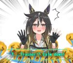  1girl ^^^ absurdres animal_ears arm_belt belt_buckle black_gloves black_hair blush buckle coat commentary crying_emoji dialogue_box ear_ornament emoji emphasis_lines english_commentary english_text feather_hair_ornament feathers fingerless_gloves flustered gloves goggles goggles_around_neck gradient_hair hair_between_eyes hair_ornament hands_up highres katyusha.v looking_at_viewer medium_hair meme motion_blur multicolored_hair open_clothes open_coat open_collar open_mouth shirt simple_background single_fingerless_glove stay_gold_(sunlit_outsider)_(umamusume) stay_gold_(umamusume) surprised sweatdrop umamusume uohhhhhhhhh!_(meme) upper_body white_background white_shirt yellow_coat 