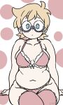  1girl arm_support blonde_hair blue_eyes bra breasts bursting_breasts collarbone crossed_legs dotted_background feet_out_of_frame freckles glasses highres little_witch_academia looking_at_viewer lotte_jansson maud_fal medium_breasts navel panties plump purple_background purple_bra purple_panties purple_thighhighs short_hair sitting solo stomach thick_thighs thighhighs thighs tight_clothes underwear white_background 