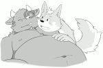  2019 anthro belly blush bovid bovine canid canine canis cattle domestic_dog duo humanoid_hands male mammal moobs navel nipples one_eye_closed overweight overweight_male simple_background tiger_cub white_background wink 