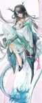 1girl absurdres arknights black_choker black_hair black_shoes choker closed_mouth colored_skin commentary dragon_girl dragon_horns dragon_tail dress dusk_(arknights) green_skin hair_over_one_eye high_heels highres horns karenncat long_hair looking_to_the_side multicolored_skin red_eyes shoes single_bare_shoulder smile solo tail white_dress 