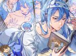  ! !! ahoge alternate_costume bell black_collar blue_eyes blue_hair blue_jacket blue_pants blue_shirt blush book character_doll chibi chibi_inset closed_mouth collar collarbone collared_shirt covering_own_mouth cowboy_shot crystal_necklace doll drooling edmond_(nu_carnival) eiden_(nu_carnival) embarrassed emphasis_lines eye_mask from_behind frown fudanshi furrowed_brow hair_between_eyes hair_down hair_over_shoulder half-closed_eyes hand_in_own_hair hand_over_own_mouth hands_up heart hickey highres holding holding_book imagining implied_sex jacket kiss long_hair low_ponytail lying mask neck_bell nipples nu_carnival on_stomach open_mouth outline pajamas pants ponytail raised_inner_eyebrows reading rinbow_yu shirt sparkle speech_bubble stuffed_animal stuffed_rabbit stuffed_toy suggestive_fluid sweat teeth thought_bubble toned toned_male topless_male upper_teeth_only v-shaped_eyebrows white_outline white_shirt yaoi yaoi_(object) 