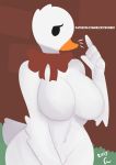  5_fingers anatid anseriform anserinae anthro anthrofied avian beak bird bow_tie breasts dot_eyes feathers featureless_breasts female fingers goose goose_(untitled_goose_game) hi_res navel nude orange_beak outside ribbons rizkitsuneki signature solo text thick_thighs untitled_goose_game url white_body white_feathers 