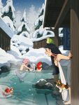  5girls @_@ ahoge animal_ears animal_on_head ass bare_shoulders bird bird_on_head blue_eyes blush bowl breasts calico_(pattern) calico_cat carol_cao cat_ears closed_eyes commentary completely_nude fins fir_tree fish flat_chest flying_sweatdrops green_eyes hand_on_own_chest hands_on_another's_shoulders head_fins highres holding holding_towel in_container kneeling leaning_forward long_hair long_sidelocks looking_back mermaid monster_girl multiple_girls naked_towel nose_blush nude on_head onsen open_mouth original outdoors pale_skin partially_submerged pillar pink_hair red_hair sidelocks sky small_breasts smile snow snowing stairs steam sweatdrop teeth towel towel_on_head tree untranslatable_commentary upper_teeth_only very_long_hair very_long_sidelocks whiskers yellow_eyes 