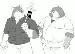  2019 anthro belly black_nose bottomwear canid canine canis clothing domestic_dog duo humanoid_hands male mammal melee_weapon one_eye_closed overweight overweight_male pants shirt simple_background sword tiger_cub topwear weapon white_background wink 