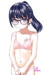  1girl artist_logo black-framed_eyewear black_hair blush bra breast_tattoo breasts collarbone commentary_request covering_crotch covering_privates cowboy_shot dot_nose ebifly embarrassed expressionless glasses logo looking_at_viewer mole mole_on_breast navel original panties pink_bra pink_panties ponytail purple_eyes short_hair sidelocks simple_background small_breasts solo strap sweat tattoo twitter_username underwear white_background 