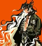  1boy animal arknights black_cat black_hair black_horns black_robe cat chinese_clothes closed_mouth colored_extremities corrupted_twitter_file dragon_boy dragon_horns eastern_dragon_horns hair_between_eyes highres holding holding_animal holding_cat horns long_hair long_sleeves male_focus mask mevii12345 multicolored_hair orange_background pointy_ears profile robe simple_background solo streaked_hair very_long_hair wang_(arknights) wavy_hair white_hair 