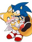  10:13 blue_eyes blush bridal_carry canid canine carrying clothing dagasi duo eulipotyphlan featureless_crotch footwear fox gloves green_eyes grin handwear hedgehog hi_res hug male mammal miles_prower open_mouth red_clothing red_footwear red_shoes shoes simple_background smile sonic_(series) sonic_the_hedgehog video_games white_background white_clothing white_gloves young 