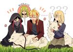 ... 1boy 1other 2girls ? ?? ahoge akaisi894 blonde_hair blue_eyes blush braid braided_ponytail cloak closed_eyes collared_shirt commentary_request enkidu_(fate) fate/strange_fake fate_(series) glasses grass green_eyes green_hair highres hood hooded_cloak long_hair mask medium_hair mouth_mask multicolored_hair multiple_girls no_name_assassin_(fate) pantyhose petting red_streaks richard_i_(fate) sajou_ayaka_(fate/strange_fake) shirt side_braid single_braid sitting skirt smile spoken_ellipsis sweater v white_background wolf wolf_(fate) 