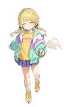  1girl ^_^ absurdres black_ribbon blonde_hair bongnom braid closed_eyes commentary_request fujita_kotone full_body gakuen_idolmaster green_jacket hair_ribbon highres idolmaster jacket long_sleeves orange_shoes plaid_clothes plaid_skirt pleated_skirt purple_skirt ribbon shirt shoes simple_background skirt smile solo standing twin_braids white_background yellow_shirt 
