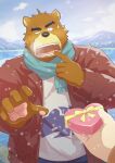 1boy animal_ears bear_boy bear_ears blue_scarf blush box brown_fur commentary d6imf gift heart-shaped_box highres holding holding_gift jacket juuichi_mikazuki lake looking_at_viewer morenatsu open_mouth pawpads pointing pointing_at_self red_jacket scarf shirt snow snowing surprised sweatdrop white_shirt 