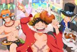  6+boys ^_^ abs black_coat black_hat black_shorts blonde_hair bracelet brothers brown_gloves closed_eyes coat commentary_request fire freckles gloves hat highres jewelry male_focus marine_uniform_(one_piece) monkey_d._luffy multiple_boys multiple_views necklace ocean one_piece outdoors pearl_necklace portgas_d._ace red_shirt running sabo_(one_piece) scar scar_on_chest scar_on_face shirt short_hair shorts siblings smile straw_hat topless_male u_ta_p 