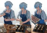  1girl absurdres alternate_costume apron baking blue_hair bowl breasts chocolate_making commentary cookie cupcake english_commentary food hair_between_eyes heart heart-shaped_cookie heart-shaped_food highres holding holding_bowl holding_pastry_bag long_hair looking_at_viewer lufi_ays medium_breasts multiple_views parted_lips pastry_bag purple_eyes shorekeeper_(wuthering_waves) textless_version wuthering_waves 