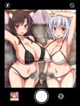  3girls animal_ear_fluff animal_ears arm_on_own_head arm_up asymmetrical_bangs asymmetrical_docking black_background black_bra black_panties blonde_hair blurry blurry_background bra breast_press breasts brown_hair camera_pov cleavage closed_mouth collarbone commentary_request cowboy_shot crossed_bangs fake_screenshot grid hat highres imaizumi_kagerou inubashiri_momiji large_breasts long_hair looking_at_viewer medium_hair midriff mob_cap multiple_girls navel open_mouth panties partial_commentary raised_inner_eyebrows red_eyes red_trim short_hair smile steam sumari sweatdrop tail teeth touhou underwear upper_teeth_only user_interface v very_long_hair white_bra white_hair white_hat white_panties wolf_ears wolf_girl wolf_tail yakumo_ran yellow_eyes 