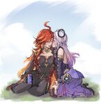  2girls ahoge armlet bare_shoulders biker_clothes bikesuit black_bodysuit black_shoes bodysuit braid breasts can citlali_(genshin_impact) commentary couple day drink_can earrings emeraldice67 english_commentary facial_mark floating_headgear genshin_impact gold_armlet gradient_hair grass headgear high_heels highres holding holding_can jewelry kiss kissing_cheek large_breasts light_blush long_hair long_sleeves mavuika_(genshin_impact) multicolored_hair multiple_girls on_ground open_mouth orange_hair outdoors pink_hair purple_skirt red_hair shoes sitting skirt triangle triangle_facial_mark twin_braids very_long_hair vision_(genshin_impact) yokozuwari yuri 