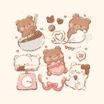  animal bear blush bowl box box_of_chocolates brown_eyes commentary_request happy heart heart-shaped_pupils highres holding licking_lips no_humans original ribbon simple_background smile symbol-shaped_pupils temariame14 tongue tongue_out twitter_username valentine weighing_scale whisk 
