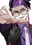  1boy akisame_kanon black-framed_eyewear coat collared_shirt commentary_request corbeau_(pokemon) highres lapels layered_sleeves long_sleeves looking_at_viewer male_focus necktie open_clothes open_coat open_mouth parted_hair pokemon pokemon_legends:_z-a purple_hair purple_shirt reaching reaching_towards_viewer round_eyewear shirt simple_background smile solo tassel teeth upper_body white_background white_necktie wing_collar yellow_eyes 