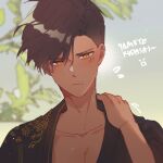  1boy absurdres asymmetrical_hair black_shirt blurry blurry_background brown_hair closed_mouth collarbone commentary dark-skinned_male dark_skin dreamycakesss ear_piercing english_commentary facing_viewer flying_sweatdrops hand_on_own_shoulder highres looking_down male_focus original piercing shirt short_hair solo upper_body yellow_eyes 