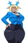 2025 2_horns anthro antlers artiah669 artist_name bent_arm big_breasts big_eyes biped black_bottomwear black_clothing black_eyebrows black_pants blonde_hair blue_antlers blue_clothing blue_eyes blue_lips blue_nose blue_shirt blue_topwear bottomwear breasts button_(fastener) carol_holiday cleavage clothed clothed_anthro clothed_female clothing deer deltarune digital_drawing_(artwork) digital_media_(artwork) ear_piercing ear_stud ears_aside eyebrows eyelashes female fully_clothed fully_clothed_anthro fully_clothed_female fur gem glistening glistening_eyes glistening_hair hair hand_on_hip hand_on_own_hip hi_res horn iris jewelry legs_together light_body light_fur light_hair lips long_eyelashes looking_aside mammal mature_anthro mature_female necklace new_world_deer no_pupils open_mouth pants pearl_(gem) pearl_necklace piercing pink_inner_ear pink_tongue portrait pose reindeer shirt short_hair simple_background snout solo standing tan_body tan_breasts tan_fur teeth text thick_thighs thigh_gap three-quarter_portrait three-quarter_view tongue topwear undertale_(series) white_background white_jewelry white_necklace white_sclera wide_hipped_anthro wide_hipped_female wide_hips yellow_ears