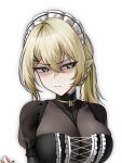  1girl alter_kamerade black_dress blonde_hair breasts commentary_request cross-laced_clothes cross-laced_dress dress embarrassed girls'_frontline girls'_frontline_2:_exilium green_eyes hair_ornament hairclip highres large_breasts long_sleeves looking_at_viewer maid_headdress medium_breasts medium_hair nervous ponytail sextans_(girls'_frontline_2) shaded_face solo upper_body 