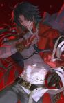  1boy absurdres arm_up bandage_in_mouth bandaged_chest bandages belt belt_buckle black_belt black_gloves black_hair blade_(elation)_(honkai:_star_rail) blade_(honkai:_star_rail) bracelet buckle dutch_angle gloves grey_pants hashtag-only_commentary highres honkai:_star_rail honkai_(series) jacket jewelry lapels long_hair looking_to_the_side male_focus notched_lapels open_clothes open_jacket pants parted_hair red_eyes red_jacket shikal sideways_glance single_glove solo very_long_hair 