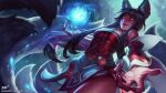 2015 ahri_(lol) animal_humanoid black_hair breasts canid canid_humanoid canine canine_humanoid clothing cloud facial_markings female fox_humanoid hair head_markings hi_res humanoid kienan_lafferty league_of_legends long_nails looking_at_viewer low-angle_view magic mammal mammal_humanoid markings multi_tail orb riot_games smile solo tail tencent