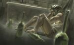  1boy against_wall alcohol barefoot bathroom bathtub black_hair bottle curtains disco_elysium doggamia dutch_angle full_body hand_on_own_forehead harry_du_bois highres indoors knees_up leg_hair limited_palette male_focus painterly sepia shirt short_hair shorts sitting sleeveless sleeveless_shirt solo tank_top tile_wall tiles toned toned_male white_shirt 