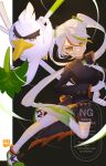  1girl armband bike_shorts bird black_background black_dress commentary_request delinquent detached_sleeves dress duck eyeshadow farfetch'd fighting_miku_(project_voltage) food galarian_farfetch'd gloves gradient_hair green_armband green_eyes hair_between_eyes hatsune_miku highres holding holding_food holding_spring_onion holding_vegetable long_dress long_hair makeup multicolored_hair necktie orange_trim pokemon pokemon_(creature) project_voltage shoes side_slit single_detached_sleeve sirfetch'd sneakers spring_onion sukeban thighhighs tonbo_(tonbo63194) triangle_print twintails vegetable very_long_hair vocaloid watermark white_gloves white_hair white_necktie 