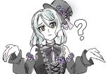  1girl ? aqua_hair bang_dream! bang_dream!_girls_band_party! black_dress black_hat commentary_request detached_sleeves dress extreme_yuri_buta green_eyes hair_between_eyes hands_up hat hikawa_sayo medium_hair simple_background solo white_background 
