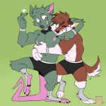 2025 abs anthro arm_over_shoulder biceps blue_eyes bow_tie boxers_(clothing) boxers_only brown_body brown_fur buckteeth canid canine claws clothed clothing duo eye_contact fluffy fluffy_tail footwear fox fur green_background green_body green_fur grin happy heart_symbol hi_res hug jewelry kingpin_twitch league_of_legends looking_at_another male mammal murid murine muscular muscular_male nipples pecs rat rat_tail rattykai red_eyes ring riot_games rodent scar simple_background slightly_muscular smile smiling_at_another standing tail teeth tencent topless twitch_(lol) underwear underwear_only white_body white_fur wristband