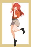  1girl :d absurdres arm_up belt belt_buckle black_belt black_socks bocchi_the_rock! border brown_border buckle choppy_bangs collared_shirt commentary_request full_body green_eyes grey_shorts hair_between_eyes hand_up highres kita_ikuyo leg_up long_bangs long_hair no_shoes one_side_up open_mouth outside_border red_eyes red_shirt shirt shirt_tucked_in shorts simple_background smile socks solo spell_phd standing standing_on_one_leg white_background 