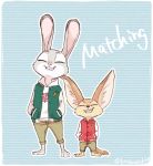  ambiguous_gender anthro barefoot big_ears bottomwear canid canine clothed clothing disney duo ears_up english_text eyes_closed fangs fennec finnick fox fully_clothed fur grey_body grey_fur grin inner_ear_fluff jacket judy_hopps kinowank59 lagomorph leporid mammal pants pattern_background rabbit signature simple_background smile standing striped_background tan_body tan_fur teeth text topwear tuft white_body white_fur zootopia 