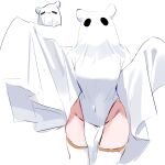  1girl absurdres animal_ears clulless commentary covered_navel cowboy_shot english_commentary facing_viewer ghost_costume ghost_pose groin halloween_costume highres hololive hololive_english ninomae_ina'nis no_panties pelvic_curtain sheet_ghost simple_background sketch solo takodachi_(ninomae_ina'nis) thighhighs thighs virtual_youtuber white_background white_thighhighs 