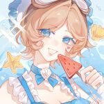  1girl bare_shoulders blonde_hair blue_background blue_bonnet blue_choker blue_eyes blue_nails blue_shirt bonnet breasts choker cleavage commentary facial_mark fang food frilled_bonnet frills goggles goggles_on_head hair_intakes hand_up heart heart_facial_mark highres holding holding_food holding_popsicle identity_v looking_at_viewer mark_under_eye newmanlincoln2 parted_hair popsicle portrait seashell shell shirt short_hair skin_fang smile solo sparkle starfish tracy_reznik tracy_reznik_(re-swim) watermelon_bar 