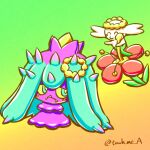  artist_name blue_eyes brown_background colored_sclera commentary_request fangs flabebe flabebe_(red_flower) gradient_background green_background looking_at_another mareanie no_humans pokemon pokemon_(creature) spikes touch_me_a two-tone_background yellow_sclera 