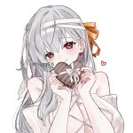  1girl bandaged_head bandages box box_of_chocolates breasts candy chocolate cleavage closed_mouth commentary food gift gift_box goddess_of_victory:_nikke hair_ribbon heart heart-shaped_box highres holding holding_gift large_breasts modernia_(nikke) nigmgm_o official_alternate_costume orange_ribbon red_eyes ribbon simple_background smile solo untranslatable_commentary upper_body valentine white_background 