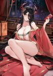  1girl absurdres azur_lane bare_shoulders barefoot black_hair breasts cleavage collarbone commentary dress falling_petals feet friedrich_der_grosse_(azur_lane) friedrich_der_grosse_(boudoir's_lingering_flame)_(azur_lane) gold_trim hair_between_eyes hair_ornament hair_over_one_eye hair_spread_out hand_up head_tilt highres holding horns indoors lantern large_breasts laurels legs light_particles long_hair long_hair_between_eyes long_sleeves looking_at_viewer mechanical_horns night off_shoulder official_alternate_costume open_window parted_lips petals print_sleeves railing red_dress red_horns red_petals see-through_clothes see-through_sleeves sijinni sitting smile solo sweat thighs toes tree underboob very_long_hair wide_sleeves window wooden_railing yellow_eyes 
