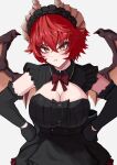  1girl absurdres black_dress black_gloves blush breasts cleavage cleavage_cutout closed_mouth clothing_cutout commentary dragon_girl dragon_horns dragon_tail dragon_wings dress gloves hand_on_own_hip highres horns indie_virtual_youtuber looking_at_viewer meibin red_hair short_hair solo tail virtual_youtuber wings yellow_eyes zentreya zentreya_(dragon) 