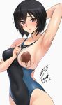  1girl amagami arm_up armpits black_eyes black_hair black_one-piece_swimsuit chocolate chocolate_on_body chocolate_on_breasts commentary_request competition_swimsuit dated food_on_body highleg highleg_one-piece_swimsuit highres looking_at_viewer nanasaki_ai one-piece_swimsuit one_breast_out presenting_armpit short_hair signature simple_background solo swimsuit two-tone_swimsuit white_background yoo_tenchi 