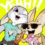  ! abstract_background ambiguous_gender anthro bottle buckteeth canid canine clothed clothing devil_horns_(gesture) disney duo ears_down english_text eyewear fangs fennec finnick fox fur gesture grey_body grey_fur holding_bottle holding_object inner_ear_fluff judy_hopps kinowank59 lagomorph leporid mammal one_eye_closed open_mouth open_smile pivoted_ears purple_eyes rabbit shirt smile sunglasses tan_body tan_fur teeth text tongue tongue_out topwear tuft zootopia 