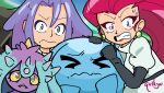  1boy 1girl artist_name black_gloves black_hair blue_eyes clenched_teeth colored_sclera earrings elbow_gloves gloves green_eyes highres jacket james_(pokemon) jessie_(pokemon) jewelry looking_at_viewer mareanie pokemon pokemon_(anime) pokemon_(creature) pokemon_sm_(anime) purple_hair quikyu sphere_earrings spikes sweat teeth white_jacket wobbuffet yellow_sclera 