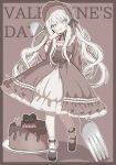  1girl :d absurdres black_bow black_bowtie blue_eyes blunt_bangs blush bonnet border bow bowtie brown_background brown_bonnet brown_border brown_dress brown_shoes cake chocolate_cake commentary dress food fork full_body highres long_hair long_sleeves looking_at_viewer mamiro open_mouth original outline outside_border oversized_object plate shoes simple_background smile socks solo standing untranslatable_commentary valentine white_hair white_outline white_socks 