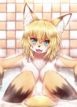  anthro bathtub blonde_hair blue_eyes blush breasts brown_body brown_fur canid canine chest_tuft cute_fangs female fluffy fluffy_tail fox fur hair happy hi_res horokusa0519 inner_ear_fluff inside kemono looking_at_viewer mammal nude open_mouth partially_submerged solo steam tan_body tan_fur translucent translucent_hair tuft water wet 