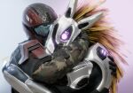 3d_(artwork) alien anthro avian camo colored digital_media_(artwork) duo face_covered faceless_character faceless_human faceless_male feather_hair feathered_crest feathers female full_armor glowing glowing_eyes halo_(series) hand_on_back hand_on_head head_crest hug human kig-yar male male/female mammal microsoft odst pink_eyes pseudo_hair scalie syn_cah synca t'vaoan xbox_game_studios xenophilia