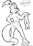  anthro balls bottomless butt canid canine clothed clothing english_text feathers fox glenn hi_res legwear male mammal monochrome red_fox robin_hood solo text tights 