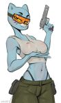 2025 5_fingers anthro areola areola_outline artist_name bare_shoulders bedroom_eyes belly bent_arm big_breasts big_eyes big_nipples biped black_clothing black_eyebrows black_eyes black_markings black_thong black_underwear blue_body blue_ears blue_fur bottomwear breast_squish breasts cartoon_network clothed clothed_anthro clothed_female clothing crop_top digital_drawing_(artwork) digital_media_(artwork) domestic_cat eyebrows eyelashes facial_markings felid feline felis female fingers fully_clothed fully_clothed_anthro fully_clothed_female fur glistening glistening_belly glistening_bottomwear glistening_clothing glistening_crop_top glistening_pants glistening_shirt glistening_topwear glistening_visor green_bottomwear green_clothing green_pants grey_clothing grey_crop_top grey_shirt grey_topwear gun half-closed_eyes hand_under_breast head_markings hi_res holding_gun holding_object holding_ranged_weapon holding_weapon huge_nipples humanoid_hands iris johnfoxart legs_together light_body light_fur long_eyelashes looking_at_viewer mammal markings mature_anthro mature_female monotone_background mouth_closed muzzle_(marking) narrowed_eyes navel nicole_watterson nipple_outline nipples no_pupils pants pink_areola pink_nose pointy_ears portrait pouch_(clothing) prick_ears ranged_weapon seductive shirt simple_background smile smiling_at_viewer smirk smirking_at_viewer snout solo squish standing text the_amazing_world_of_gumball thick_thighs thong thong_straps three-quarter_portrait three-quarter_view topwear underwear visor weapon whisker_markings white_background white_markings wide_hipped_anthro wide_hipped_female wide_hips yellow_sclera