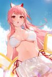  1girl :o absurdres atelier_live bare_arms bare_shoulders bikini bikini_skirt bikini_under_clothes bikini_under_skirt blue_sky blush bow breasts breasts_apart cloud cloudy_sky cowboy_shot day double-parted_bangs flower frilled_bikini frills from_below guest_art hair_bow highleg highleg_bikini highres innertube innertube_with_ears large_breasts lens_flare light_particles long_hair looking_at_viewer miniskirt mole mole_on_breast nagu navel open_mouth outdoors pink_hair pinku_(vtuber) pleated_skirt polka_dot polka_dot_skirt ponytail red_eyes red_ribbon ribbon short_bangs side-tie_bikini_bottom skirt sky solo standing stomach strap_gap string_bikini swim_ring swimsuit third-party_source underboob very_long_hair virtual_youtuber wet white_bikini white_bow white_flower white_skirt 