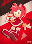  2019 accessory amy_rose anthro boots clothing cup dessert eulipotyphlan female food footwear gloves green_eyes hair_accessory hairband handwear hedgehog hi_res ice_cream mammal signature smile solo sonic_(series) text uno_yuuji url video_games 